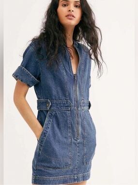Free People Short Sleeve Denim Mini Dress - Blue